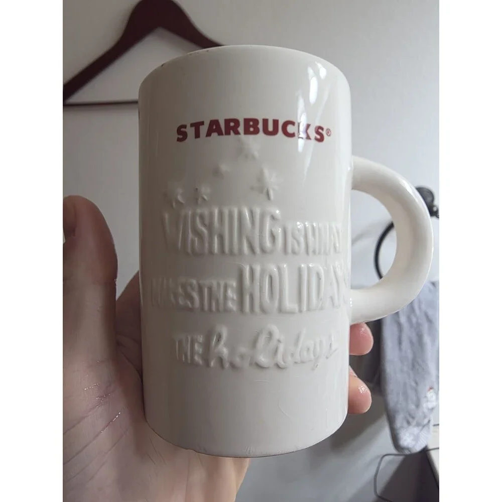 2010 Starbucks Coffee Mug Holiday Wish White Red 3D Cup Christmas 10 oz Tea Cup